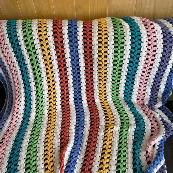 Handmade Crochet Rainbow Striped Throw Blanket 60" X 75” Multicolor Soft Acrylic - Picture 3 of 3